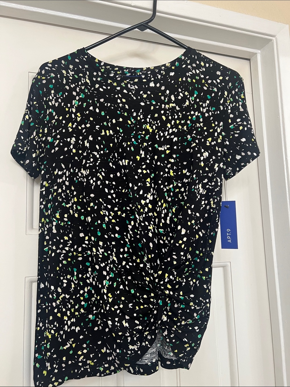 Apt. 9 Black Short-Sleeve Twist-Front Top with White, Green & Yellow Speckle